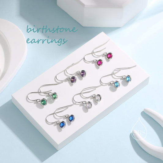 Birthstone CZ Drop Earrings in Sterling Silver, Cubic Zirconia Birthstone Hook Earrings, Silver, Gold or Rose Gold, Minimal Earrings