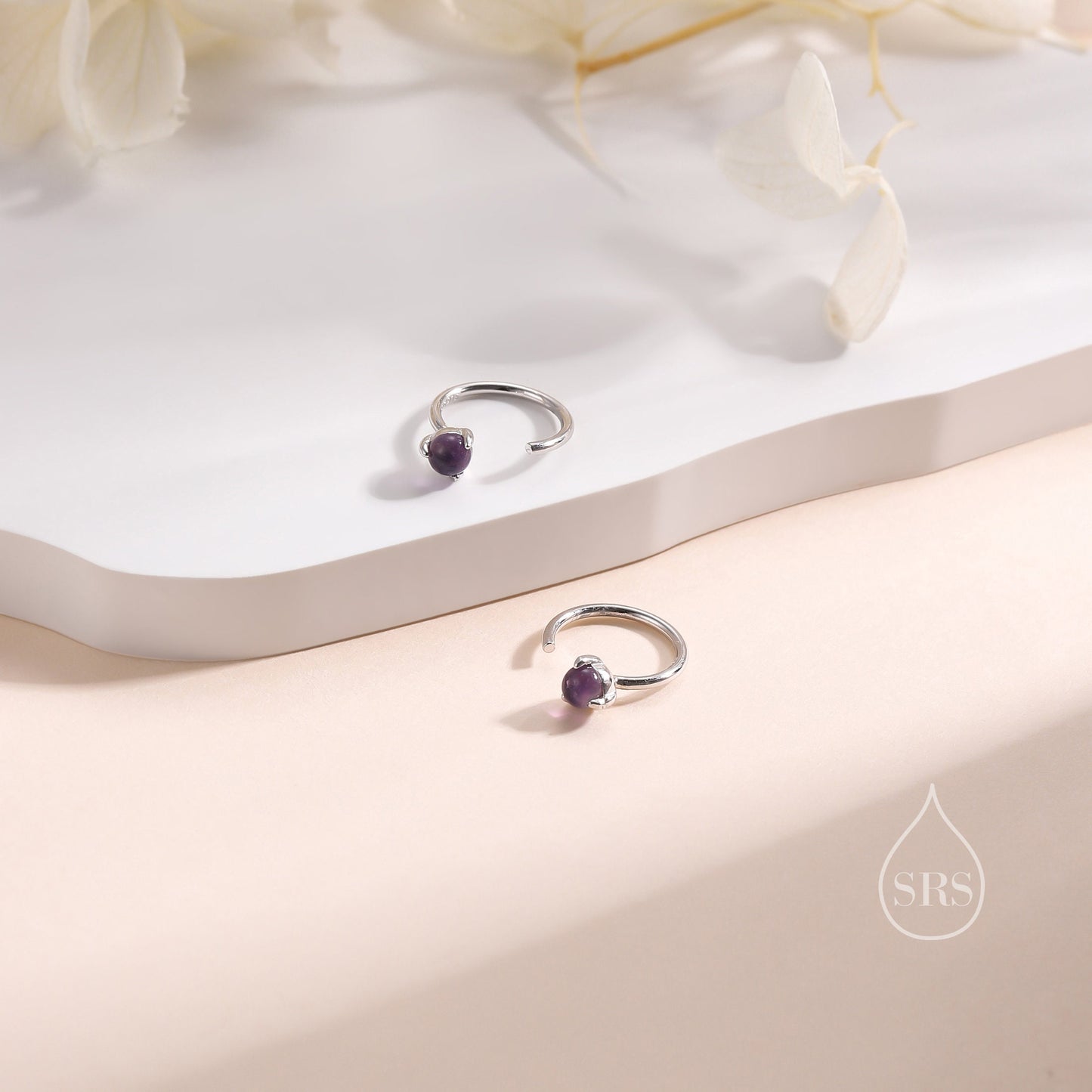 Genuine Amethyst Huggie Hoop Earrings in Sterling Silver, 3mm Natural Purple Amethyst Open Hoops, Pull Through Threaders, C Shape Half Hoops