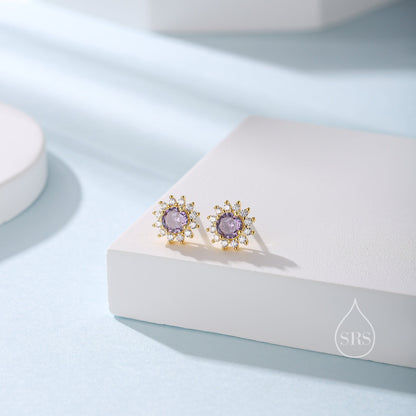 Amethyst Purple CZ Halo Stud Earrings in Sterling Silver, Silver or Gold, February Birthstone Earrings, Flower CZ Earrings