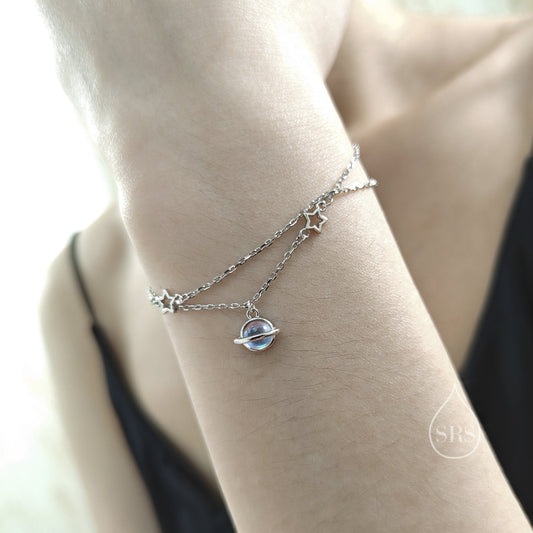 Double Layer Planet and Star Bracelet in Sterling Silver, Saturn and Star Bracelet, Planet Bracelet