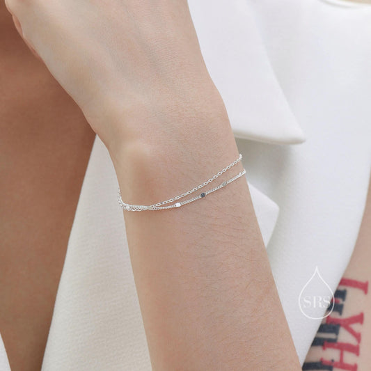 Double Layer Bracelet in Sterling Silver, Dainty Chain Sparkle Chain Bracelet, Silver or Gold or Rose Gold