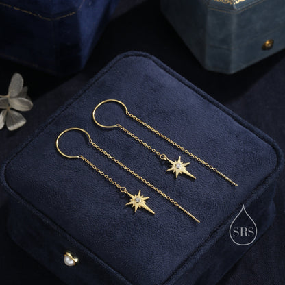 Beautiful Starburst Star Ear Threader Earrings, Silver, Gold or Rose Gold, Ear Wire in Sterling Silver, U shaped Dangle Threaders