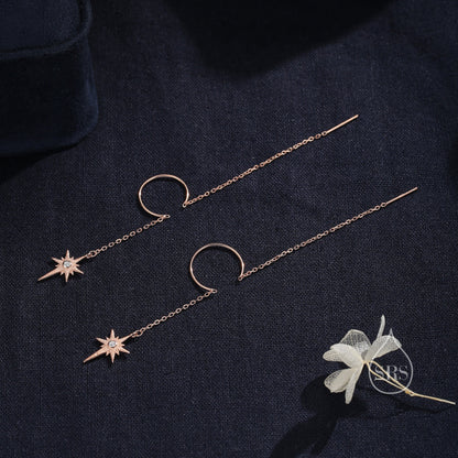 Beautiful Starburst Star Ear Threader Earrings, Silver, Gold or Rose Gold, Ear Wire in Sterling Silver, U shaped Dangle Threaders