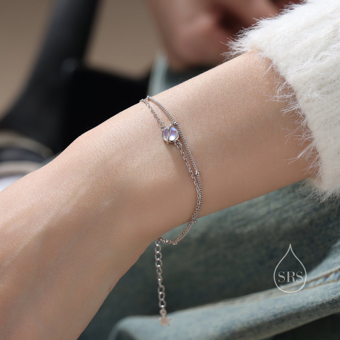 Double Layer Planet Bracelet in Sterling Silver with Bead Chain, Silver or Gold or Rose Gold, Saturn Bracelet, Planet Bracelet