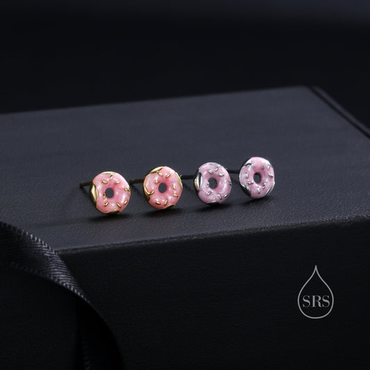 Enamel Glazed Donut Stud Earrings in Sterling Silver, Silver or Gold, Donut Earrings, Food Earrings
