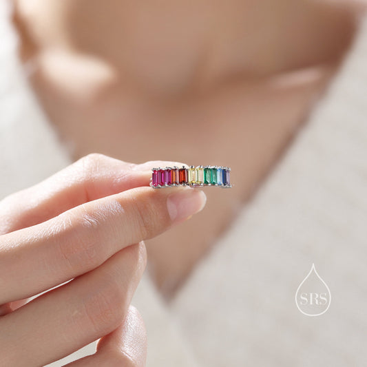 Rainbow Colour Baguette CZ Ring in Sterling Silver, Half Eternity Ring, Half Infinity Ring, Silver , CZ Cluster Ring, US 5 - 7
