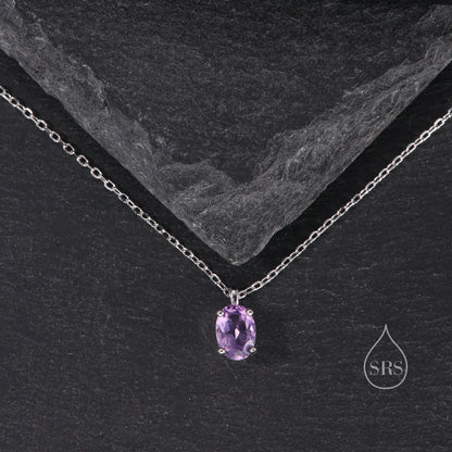 Tiny Genuine Amethyst Crystal Oval Pendant Necklace in Sterling Silver, 5x7mm Tiny Oval Natural Amethyst Necklace, February Birthstone