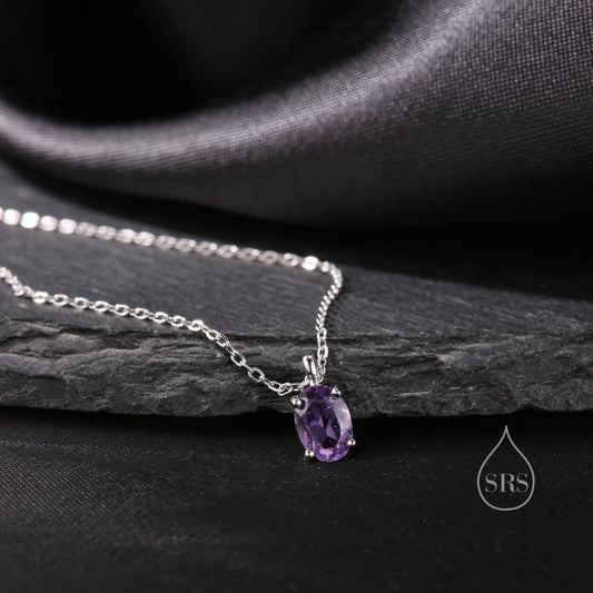 Tiny Genuine Amethyst Crystal Oval Pendant Necklace in Sterling Silver, 5x7mm Tiny Oval Natural Amethyst Necklace, February Birthstone