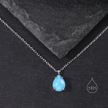 Genuine Blue Turquoise Pear Necklace in Sterling Silver, Droplet Cabochon Natural Turquoise Pendant Necklace