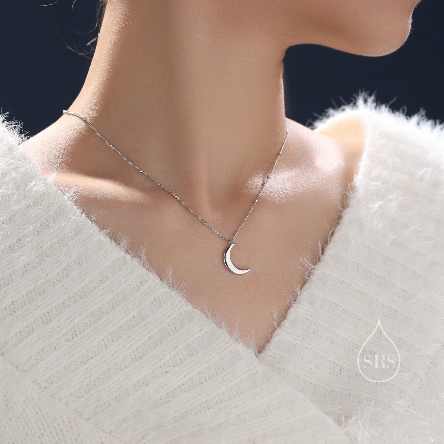 Crescent Moon Pendant Necklace in Sterling Silver with a Satellite Chain - Moon Necklace - Gold or Silver -  Whimsical and Pretty Jewellery