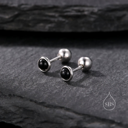Genuine Black Onyx Screw Back Earrings in Sterling Silver, Natural Black Onyx Stud, Semi-Precious Onyx Screw Back Earrings