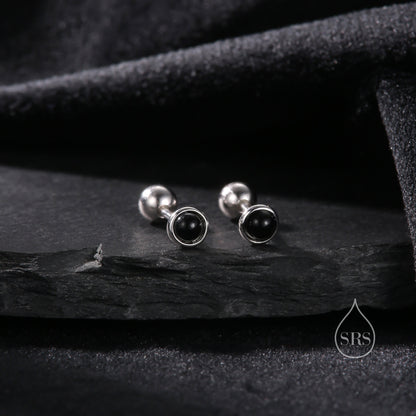 Genuine Black Onyx Screw Back Earrings in Sterling Silver, Natural Black Onyx Stud, Semi-Precious Onyx Screw Back Earrings