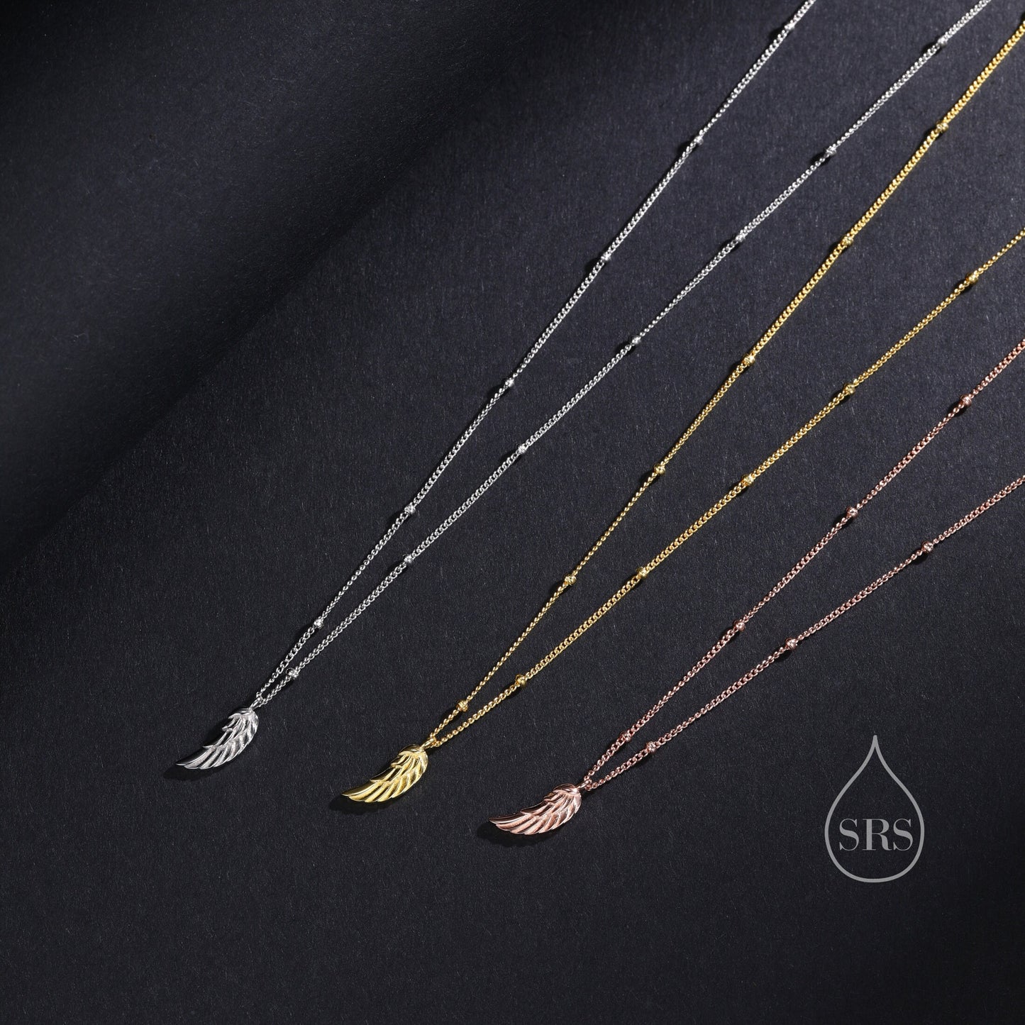 Tiny and Delicate Angel Wing Pendant Necklace in Sterling Silver with a Satellite Chain, Bird Necklace, Silver or Gold or Rose Gold