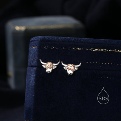 Two Tone Highland Cow Stud Earrings in Sterling Silver,  Bull Earrings, Cow Earrings