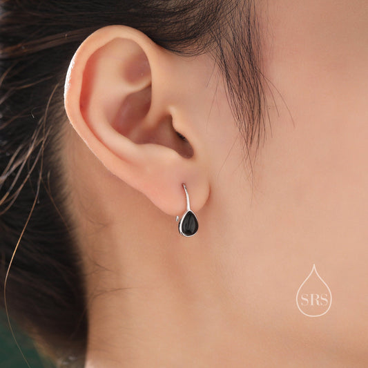 Genuine Black Onyx Pear Cut Drop Hook Earrings in Sterling Silver, Delicate Natural Black Onyx Earrings, Pear Droplet Black Onyx Earrings