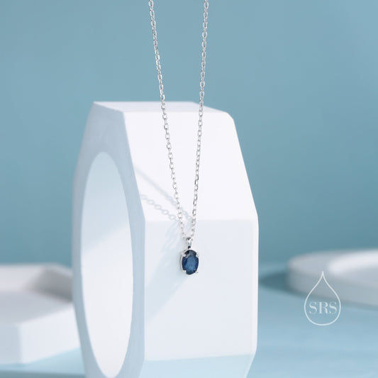 Very Tiny Genuine Sapphire Crystal Oval Pendant Necklace in Sterling Silver, 4x6mm Tiny Oval Natural Sapphire Necklace, September Birthstone