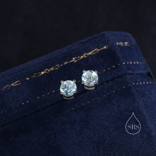 Sterling Silver Natural Topaz Stud Earrings, 4mm Prong Set, Genuine Blue Topaz Gemstone Stud, Minimalist Style,