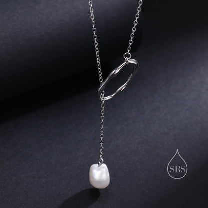 Baroque Pearl and Organic Shape Pendant Long Lariat Necklace in Sterling Silver, Silver or Gold, Natural Freshwater Pearl Lariat Necklace
