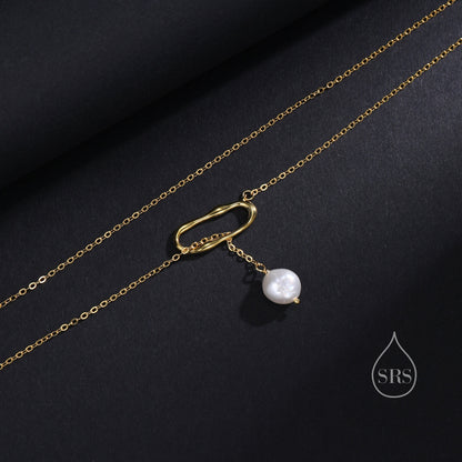 Baroque Pearl and Organic Shape Pendant Long Lariat Necklace in Sterling Silver, Silver or Gold, Natural Freshwater Pearl Lariat Necklace