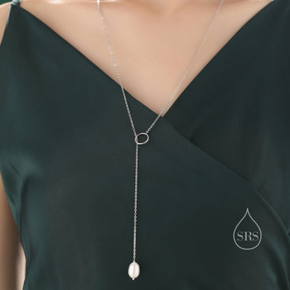 Baroque Pearl and Circle Pendant Long Lariat Necklace in Sterling Silver, Silver Gold or Rose Gold, Natural Freshwater Pearl Lariat Necklace