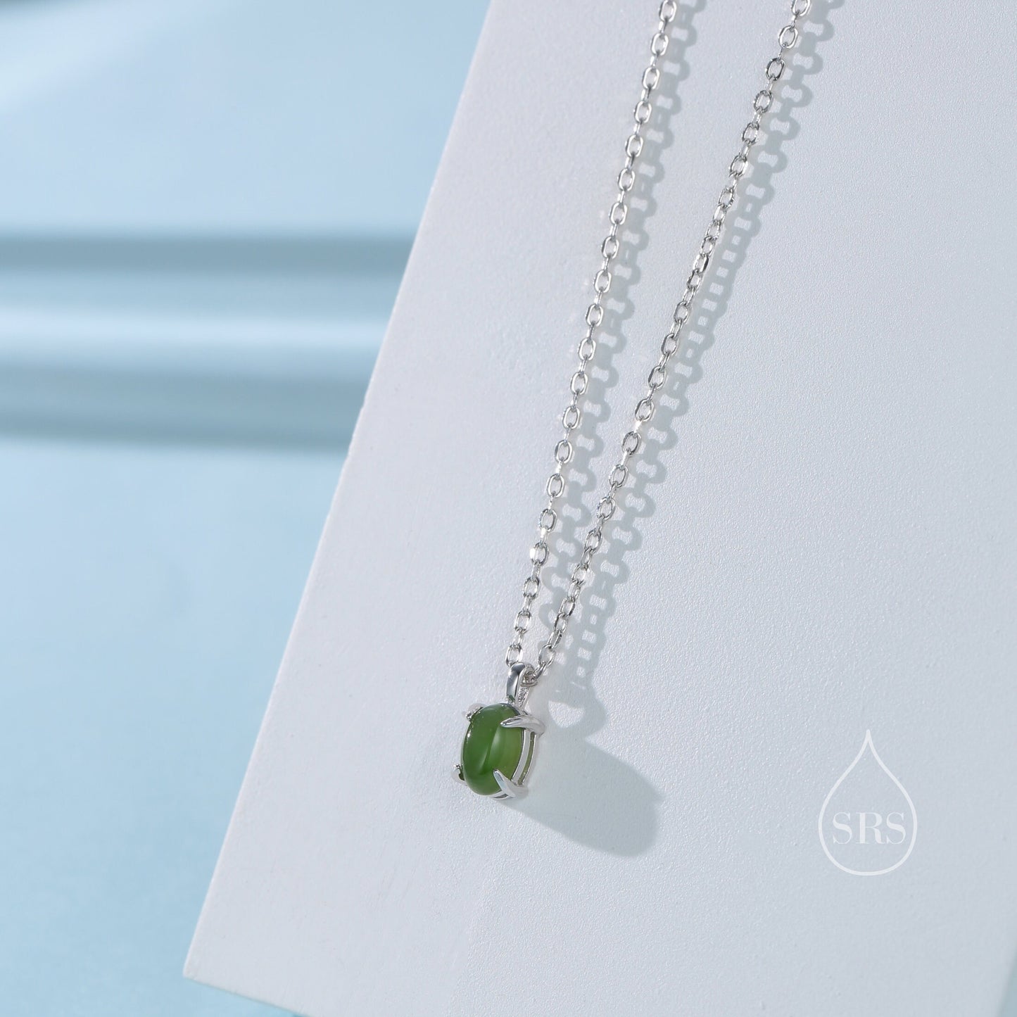 Genuine Green Jade Oval Necklace in Sterling Silver, 4x6mm Dainty Jade Oval Cabochon Necklace, Natural Jade Necklace