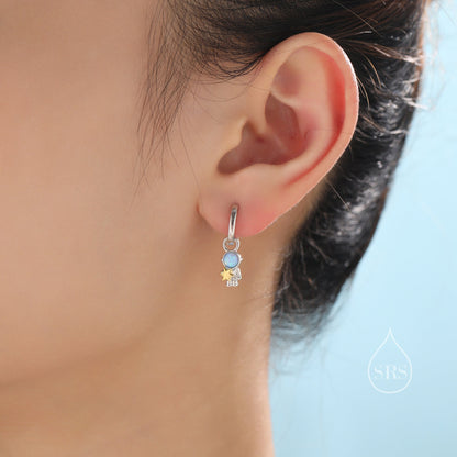 Mismatched Opal Astronaut and Planet Charmed Hoop Earrings in Sterling Silver - Cute Space Theme Huggie Hoop Earrings - Detachable Fun Hoops