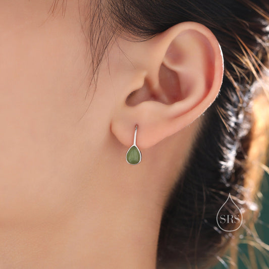 Genuine Green Jade Pear Cut Drop Hook Earrings in Sterling Silver, Delicate Natural Green Jade Earrings, Pear Droplet Green Jade Earrings