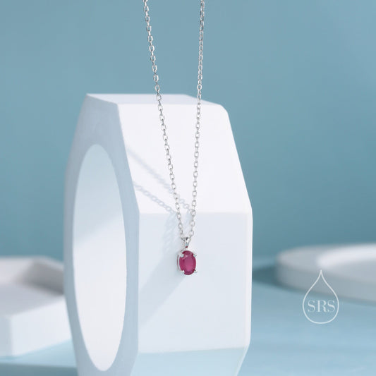 Tiny Genuine Raw Ruby Crystal Oval Pendant Necklace in Sterling Silver, 4x6mm Tiny Oval Natural Ruby Necklace, July Birthstone