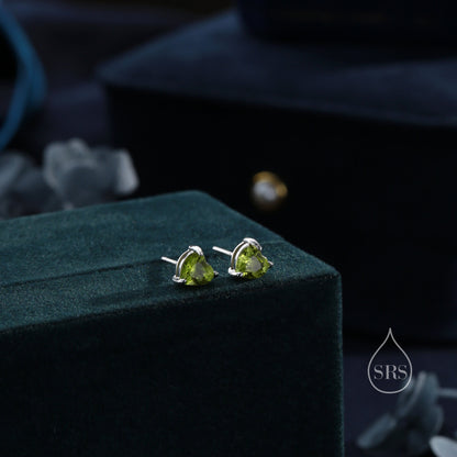 Natural Peridot Stone Heart Stud Earrings in Sterling Silver - 5mm Genuine Peridot Crystal Stud Earrings  - Semi Precious Gemstone