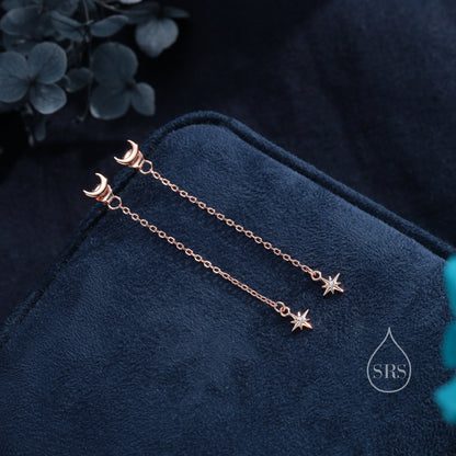 Moon and Star CZ Dangle Earrings in Sterling Silver, Moon and Starburst CZ Dangle Earrings, Silver, Gold or Rose Gold, Front and Back