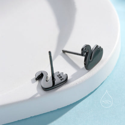 Black Swan Stud Earrings in Sterling Silver - Black Rhodium Coated Sterling Silver, Animal Stud Earrings - Bird Earrings
