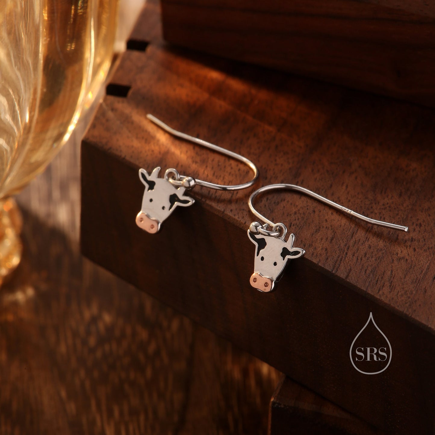 Dairy Cow Drop Dangling Earrings in Sterling Silver, Cow Earrings, Cow Hook Earrings, Scottish Farm Animal Earrings