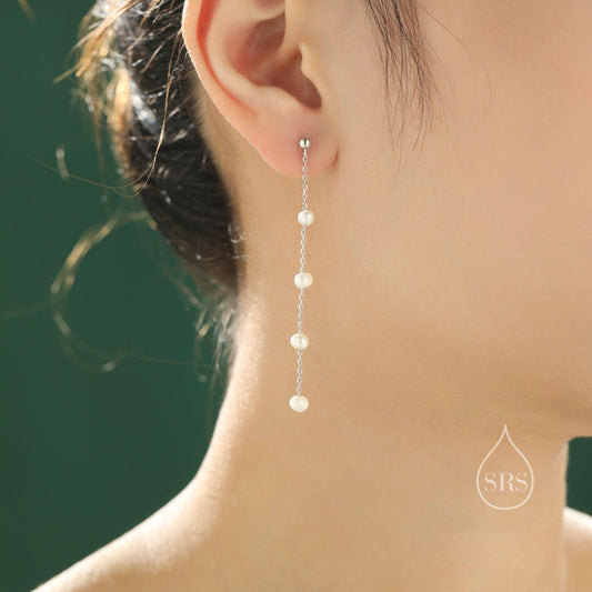 Genuine Freshwater Pearl Drop Satellite Earrings in Sterling Silver, Delicate Keshi Pearl Long Dangle Earrings, Pearl Stud Dangle Earrings