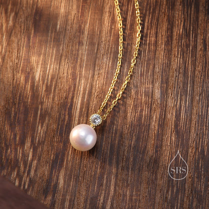 Natural Pearl and CZ Bezel Necklace in Sterling Silver, Silver or Gold or Rose Gold, Genuine Freshwater Pearl Pendant Necklace