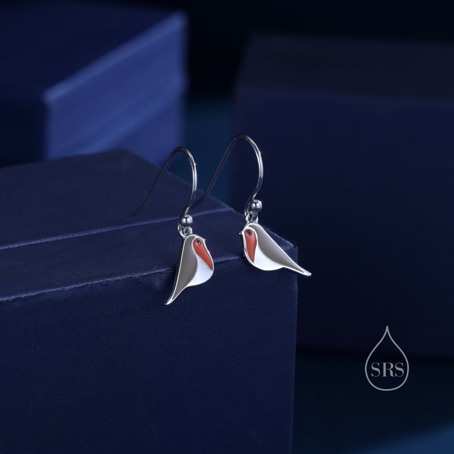 Enamel Robin Bird Drop Hook Earrings in Sterling Silver, Sterling Silver Enamel Robin Earrings, Nature Inspired