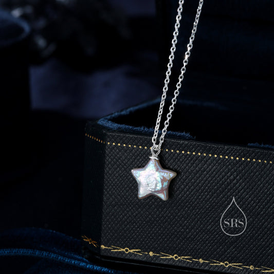 Genuine Star Baroque Pearl Pendant Necklace in Sterling Silver, Delicate Keshi Pearl Star Necklace, Star Pearl Necklace