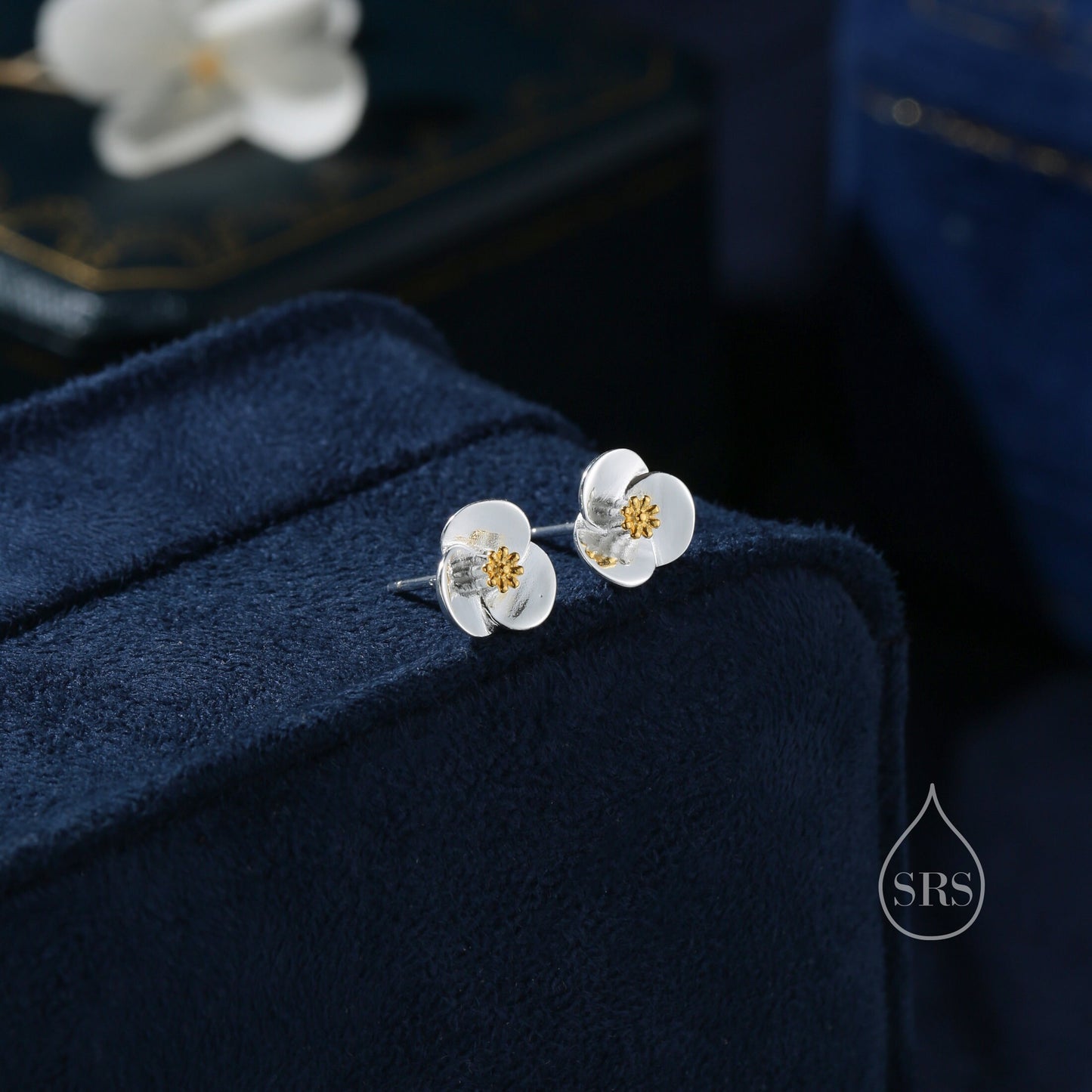 Poppy Flower Stud Earrings in Sterling Silver- Gold and Silver Two Tone - Flower Earrings - Blossom Earrings,  Fun, Whimsical and Pretty