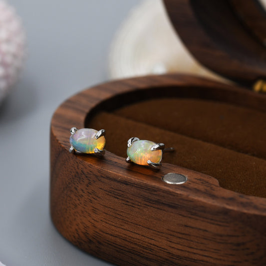 Genuine Ethiopian Opal Stone Oval Stud Earrings in Sterling Silver, 4x6mm Prong Set Opal Stud, Natural Semi-Precious Gemstones