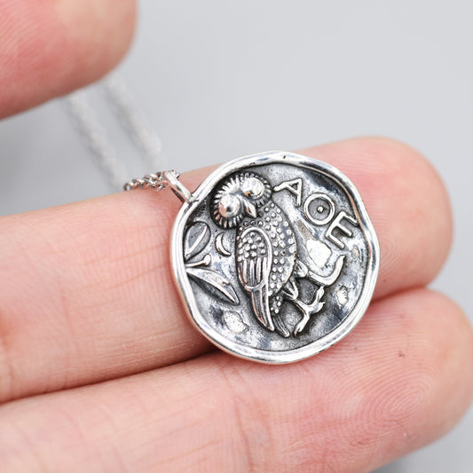 Sterling Silver Oxidised Greek Coin Pendant Necklace - Owl Coin Necklace, Owl of Athena Coin Necklace in Silver, Ancient Greek Coin Inspired