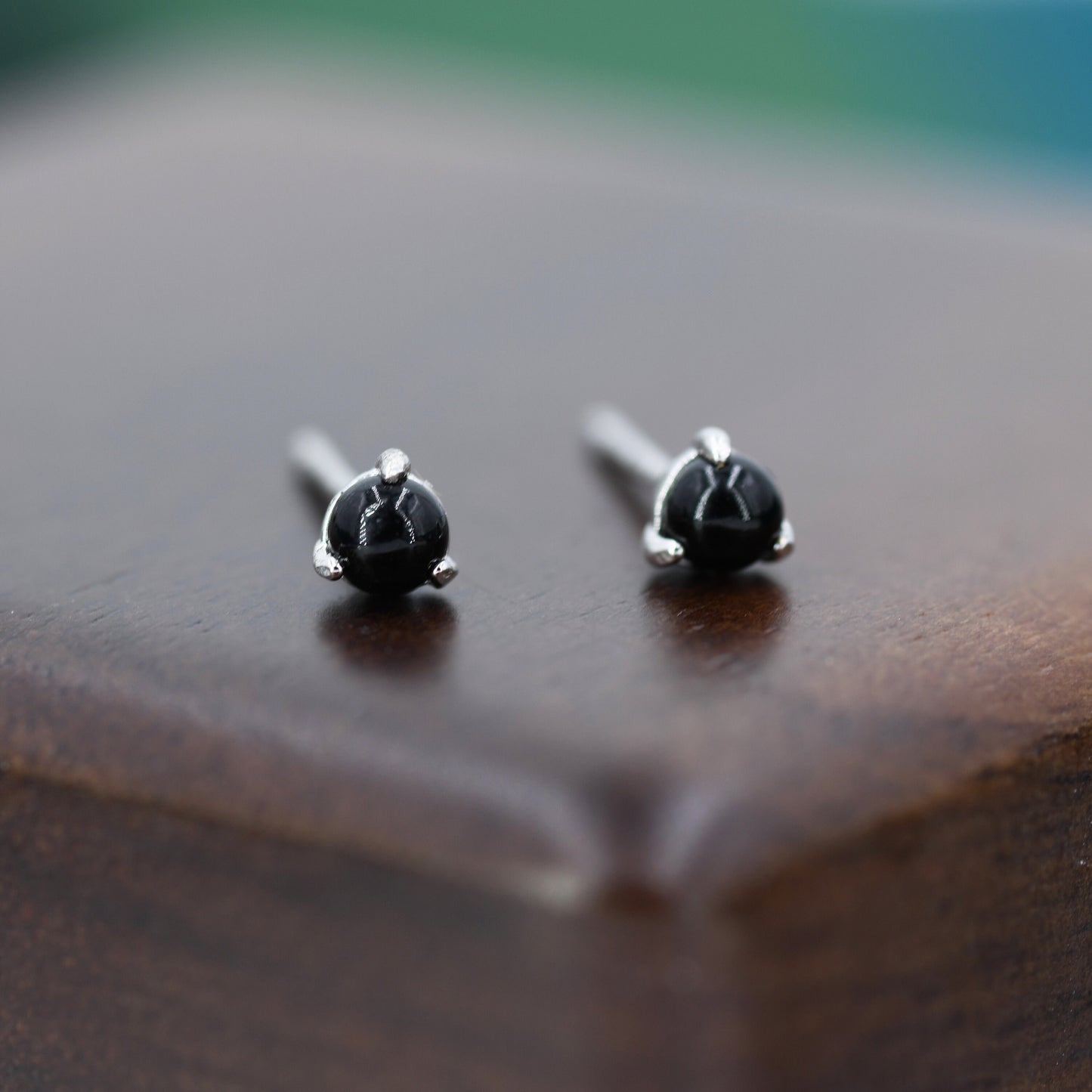 Natural Black Onyx Stud Earrings in Sterling Silver, Semi-Precious Gemstone Earrings, 3mm and 3 prong Genuine Black Onyx Earrings