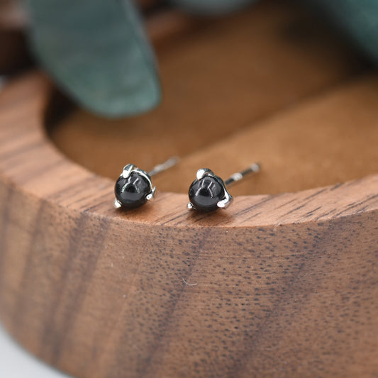 Natural Black Onyx Stud Earrings in Sterling Silver, Semi-Precious Gemstone Earrings, 3mm and 3 prong Genuine Black Onyx Earrings