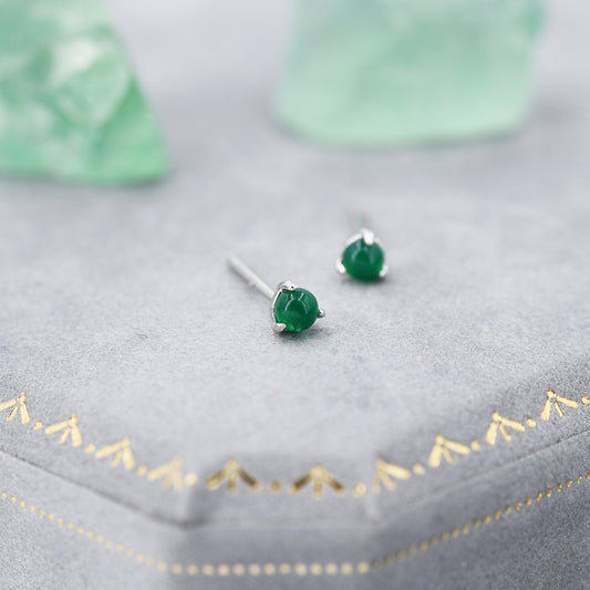 Natural Green Onyx Stud Earrings in Sterling Silver, Semi-Precious Gemstone Earrings, 3mm and 3 prong Genuine Green Onyx Earrings