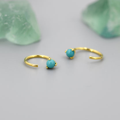 Genuine Green Turquoise Threader Hoop Earrings in Sterling Silver, Silver or Gold, Green Turquoise Turquoise Open Hoop Pull Through Earrings