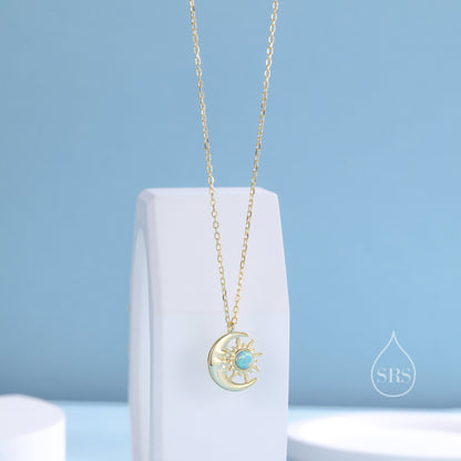 Aqua Green Opal Moon and Star Pendant Necklace in Sterling Silver, Silver or Gold, Man in the Moon, Lab Opal Starburst Necklace