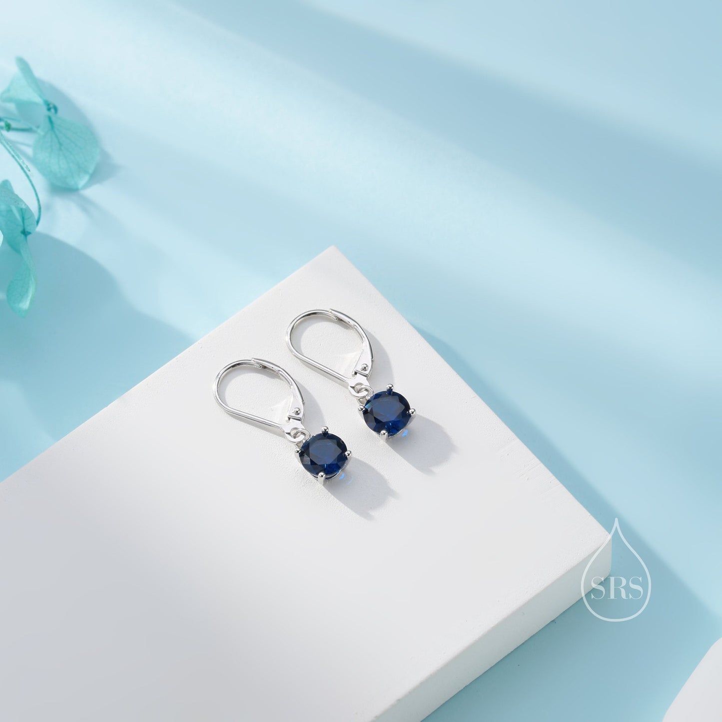 Sapphire Blue CZ Lever Back Hoop in Sterling Silver, 2 Sizes Available, 6mm or 6.5mm, Minimalist Simple Crystal Leverback Hoop Earrings