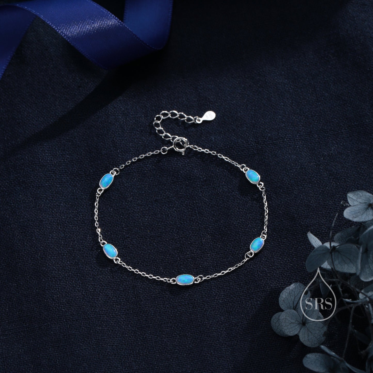 Delicate Blue Opal Oval Satellite Bracelet in Sterling Silver, Silver or Gold, Simulated Blue Opal Bracelet, Oval Opal Motif Bracelet
