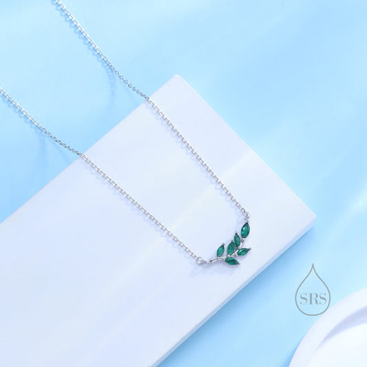 Emerald Green CZ Leaf Pendant Necklace in Sterling Silver, Silver or Gold, Olive Leaf Necklace, Olive Branch Necklace, Nature Inspired