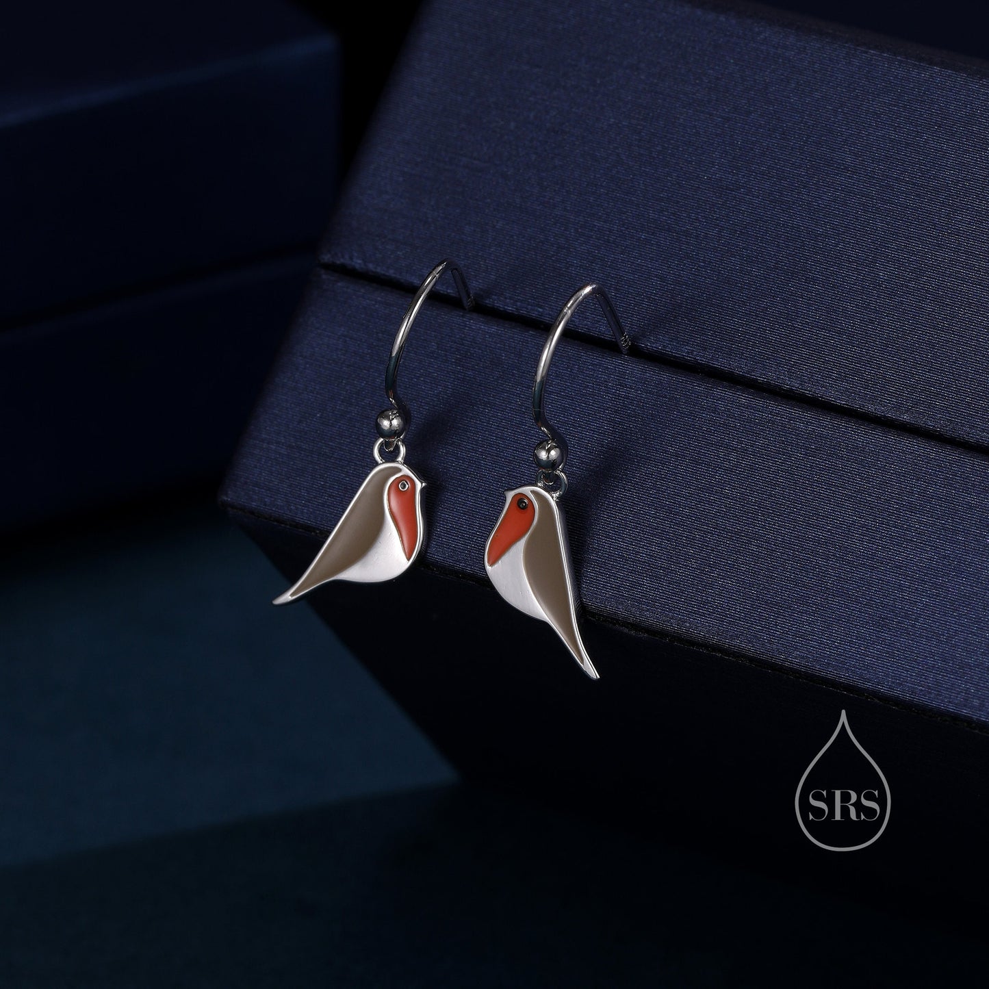 Enamel Robin Bird Drop Hook Earrings in Sterling Silver, Sterling Silver Enamel Robin Earrings, Nature Inspired
