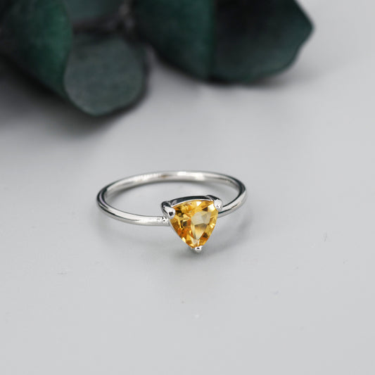 Genuine Yellow Citrine Ring in Sterling Silver, Natural Trillion Cut Citrine Ring, Stacking Rings, US 5-8
