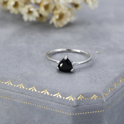Genuine Black Onyx Ring in Sterling Silver, Natural Trillion Cut Onyx Ring, Stacking Rings, US 5-8